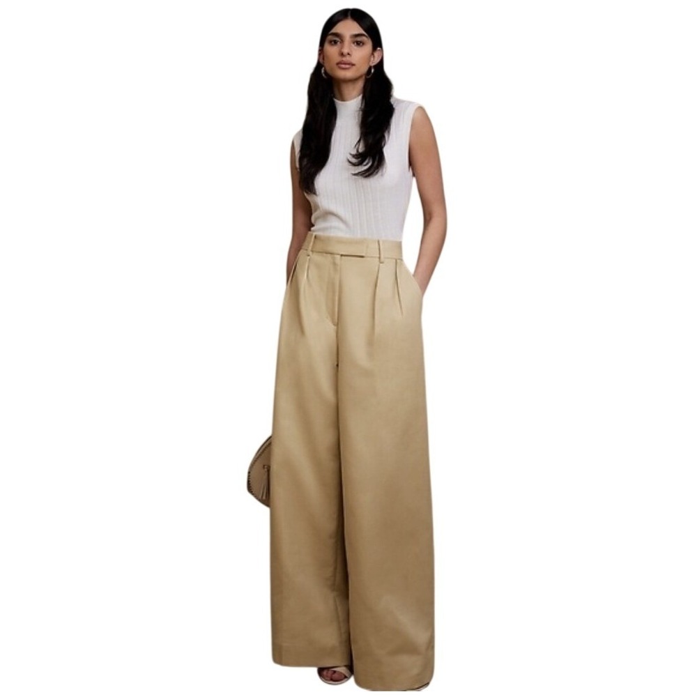 Banana Republic Cruise Wide-Leg Pant 14 Tan Khaki Pleated High‎ Rise Cotton New